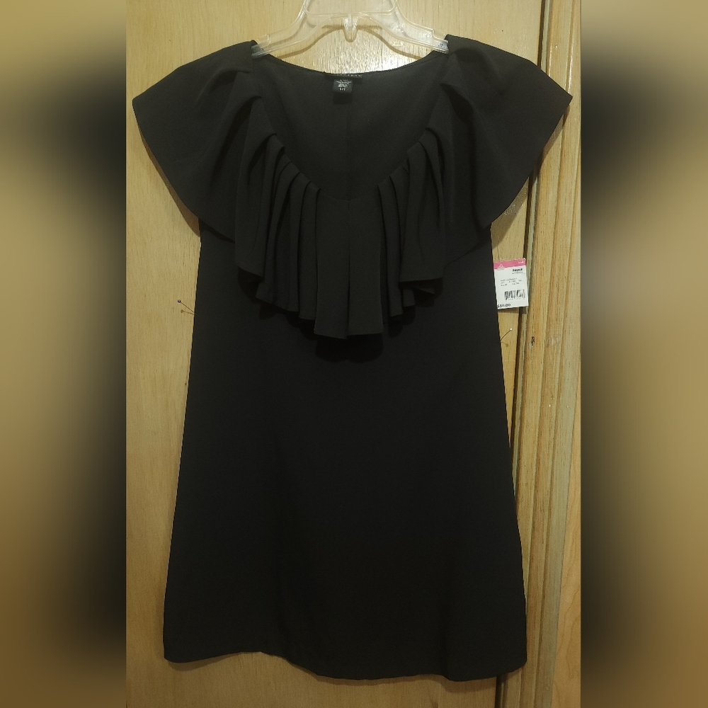 NWT Apostrophe Dress Womens Sz Small Ruffled Top Silky Black Mini NOS Vtg
